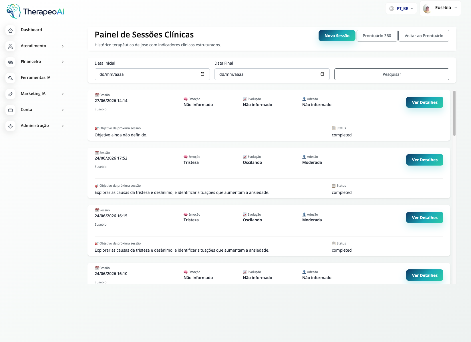 Painel de sessões clínicas do Therapeo AI com histórico organizado de atendimentos